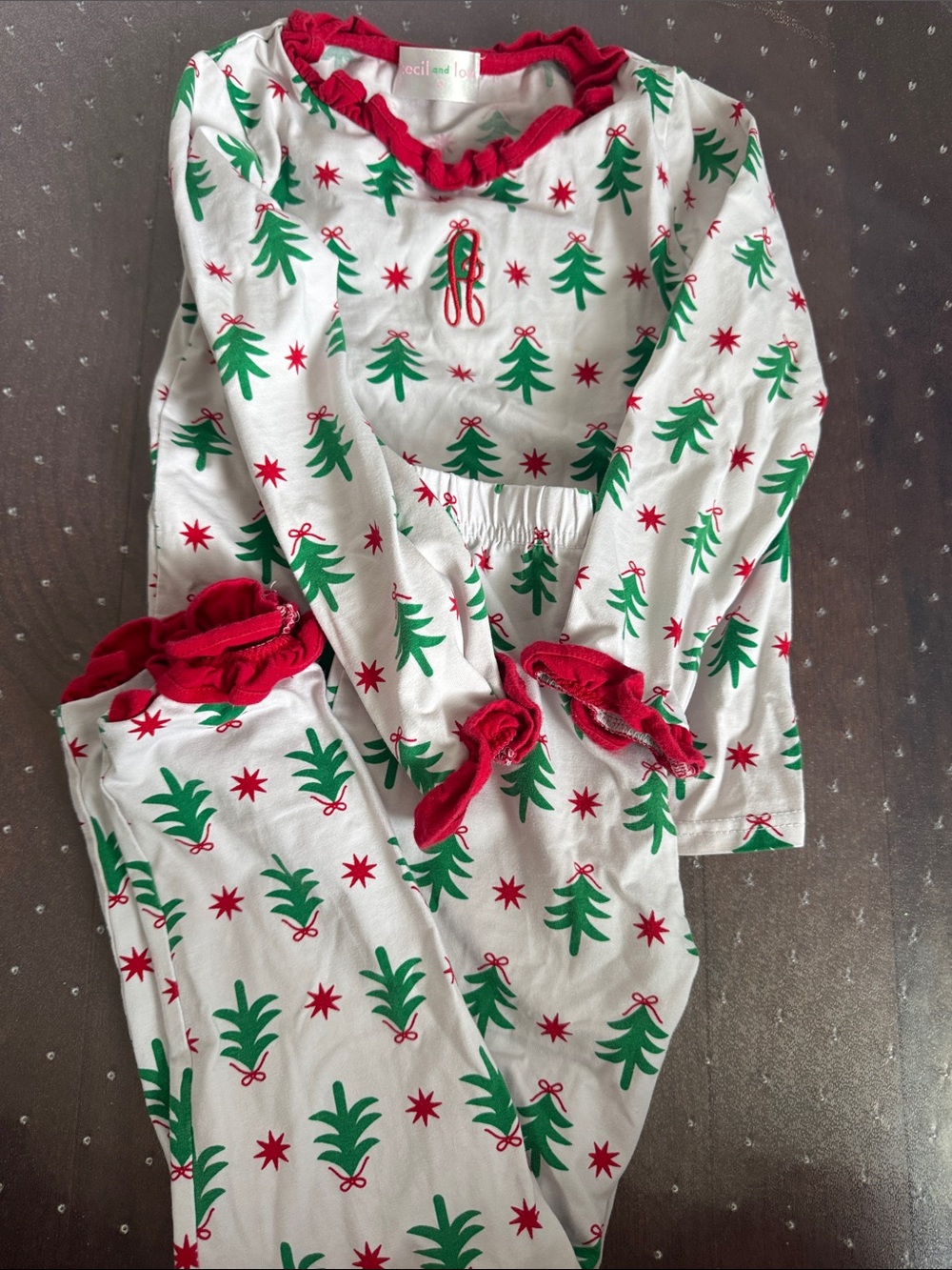 Cecil and Lou Kids Holiday Tree Print Pajama Set - White/Green/Red